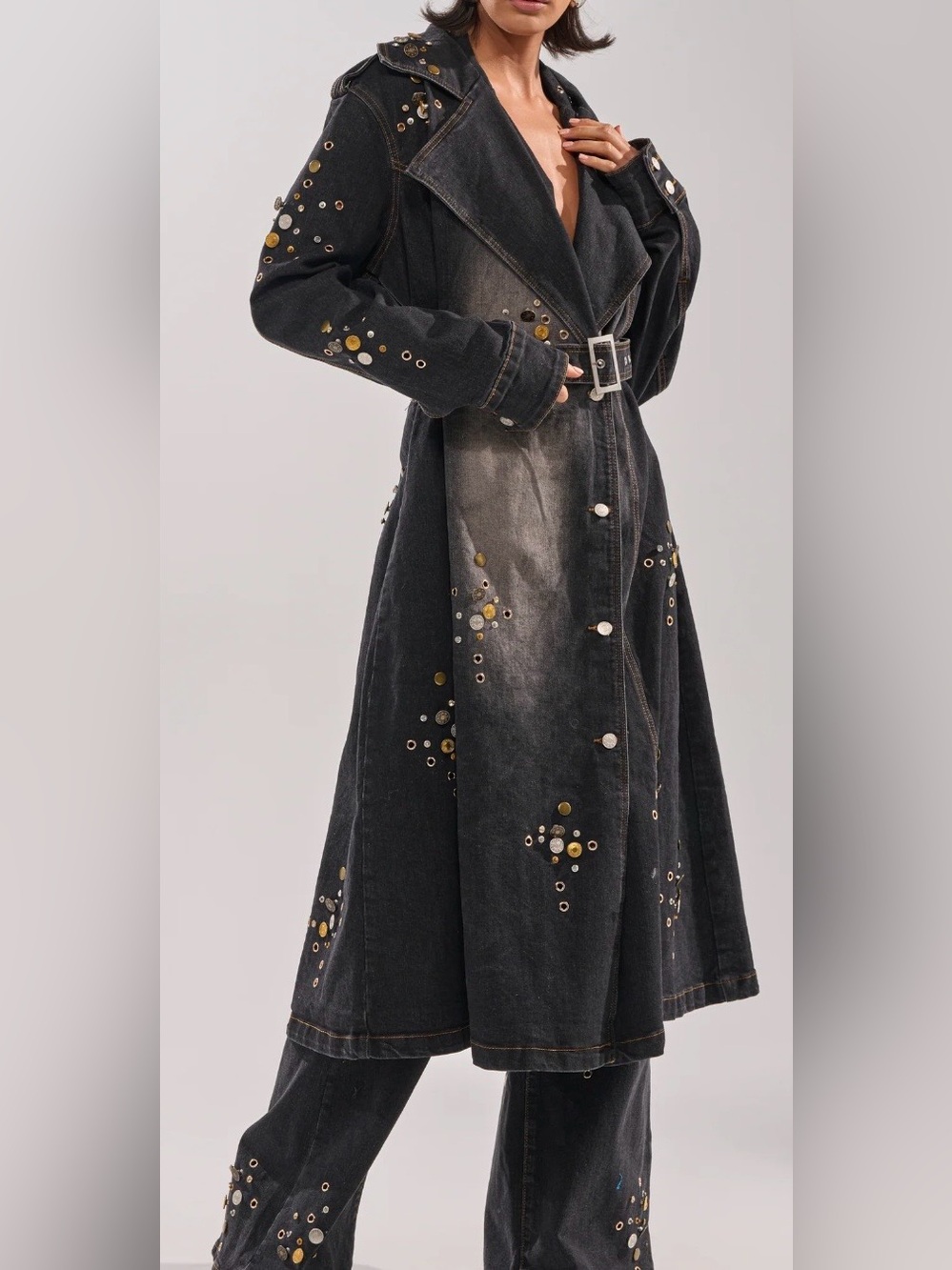 NWT AKIRA Stud-button Embellished Black denim Trench Coat with Belt size XL